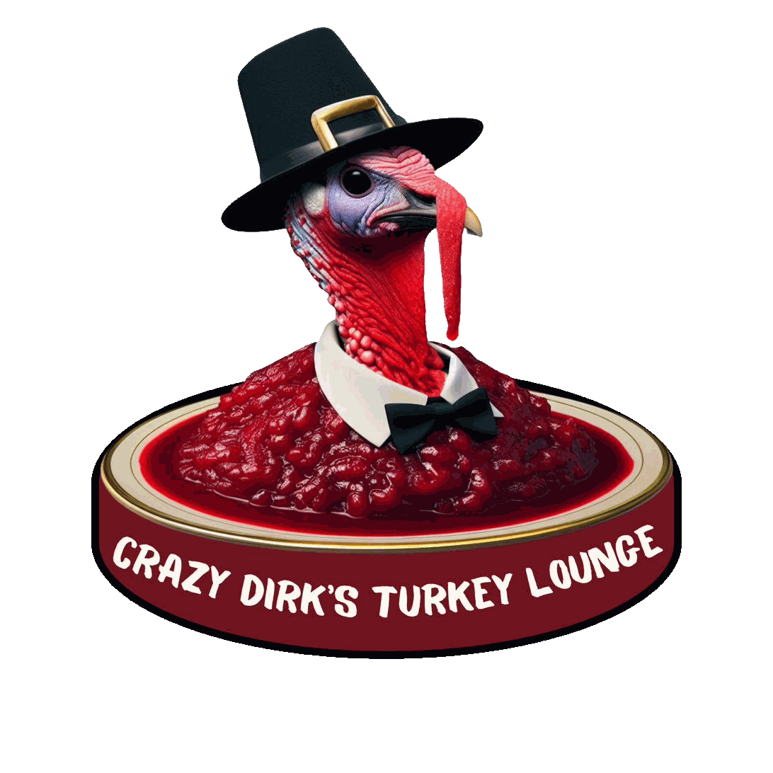 The maître d': a turkey in a pilgrim hat and dinner jacket, rising from a plate of cranberry sauce