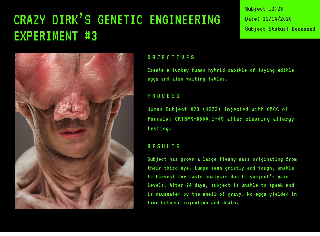 Case study card: Crazy Dirk's Genetic Engineering Experiment #3. Subject ID 23, dated 11/16/2020, subject status deceased.