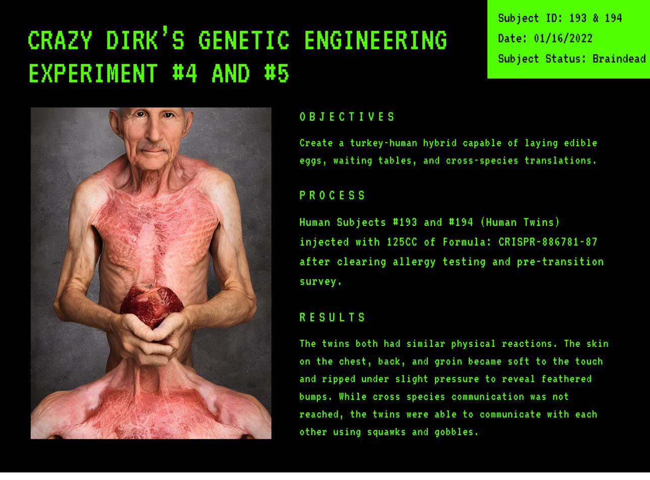 Case study card: Crazy Dirk's Genetic Engineering Experiments #4 and #5. Subject IDs 193 and 194, twins, dated 1/16/2022, subject status braindead.