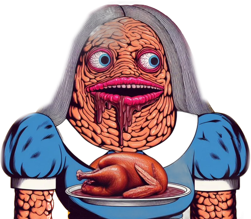 A gray-haired woman in a blue dress presents a roast turkey on a platter.