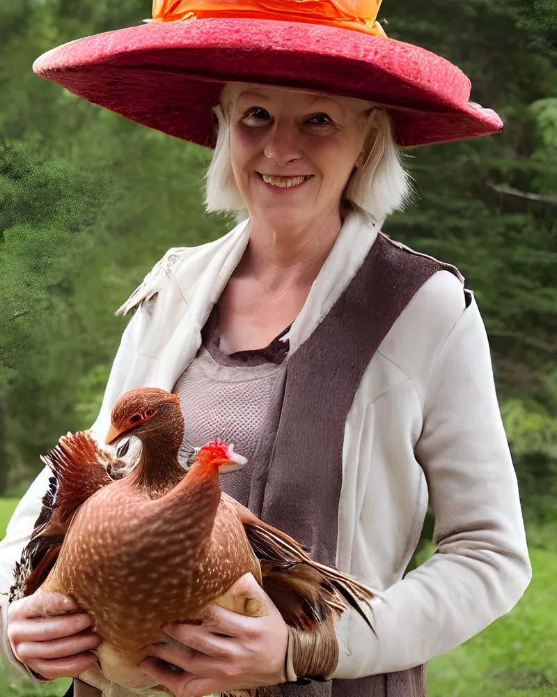 Patricia in a wide red hat, smiling, holding a hen