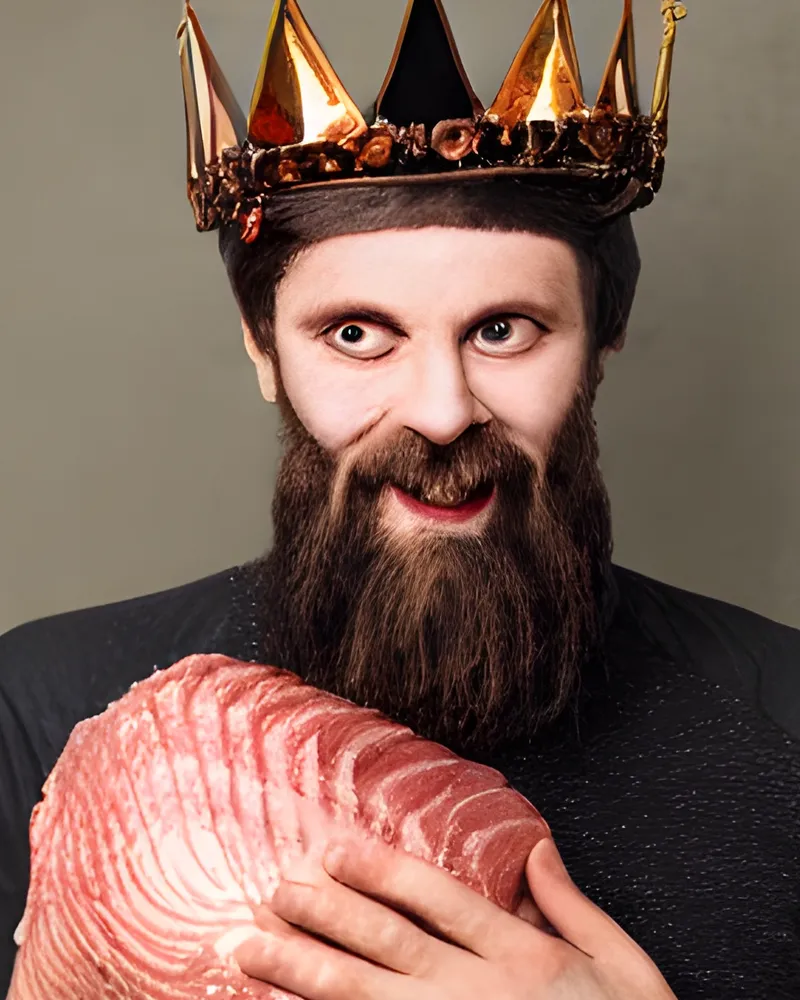 Templeton, wide-eyed in a crown, cradling a prized cut on a plate, on an arched sticker
