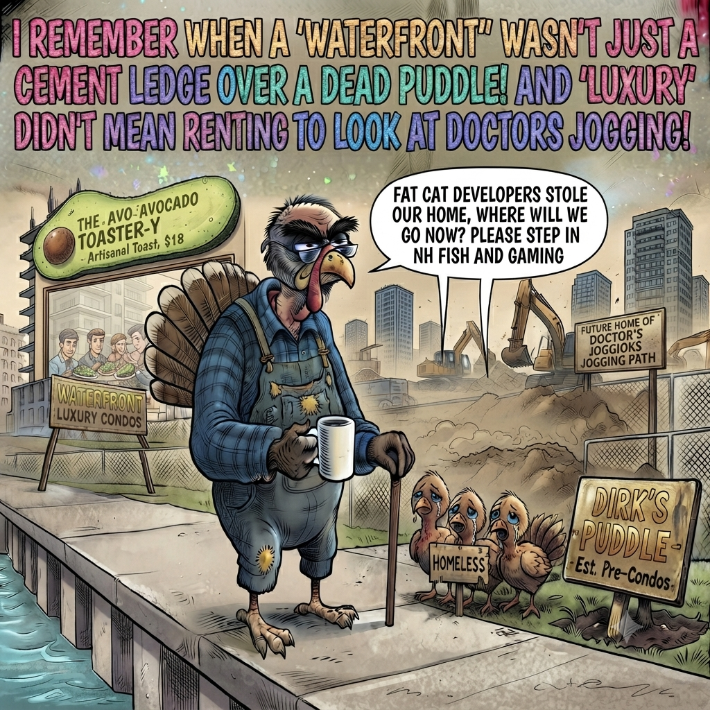 Editorial cartoon of an elderly turkey in overalls holding coffee near waterfront condo construction, lamenting fat cat developers