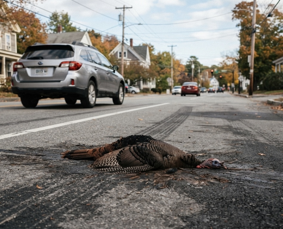 A wild turkey lying dead in the middle of a residential street as cars drive past