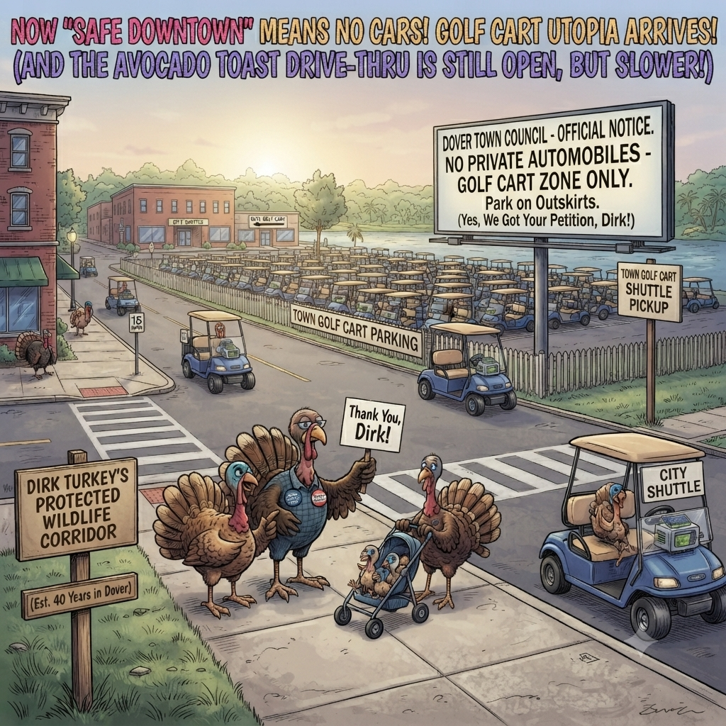 3D render of downtown Dover as a golf cart utopia, with turkeys crossing safely and a sign reading Thank You Dirk